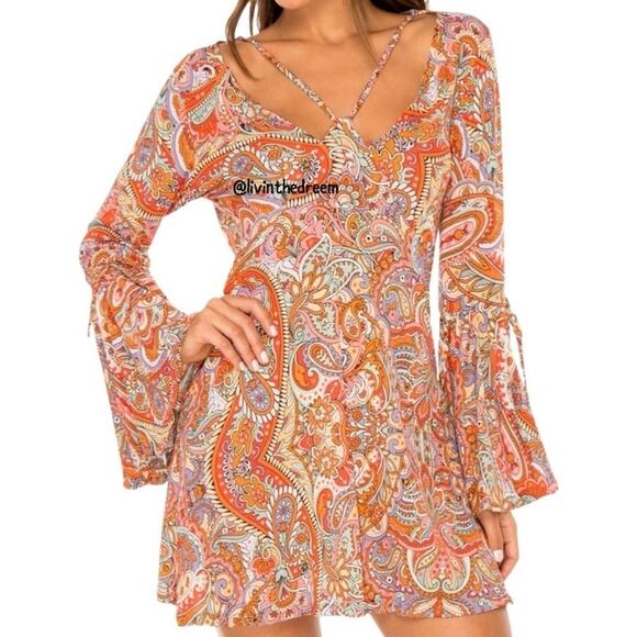 Luli Fama ANDALUZ V Neck Bell Sleeve Short Dress SZ L $145 - Picture 2 of 11